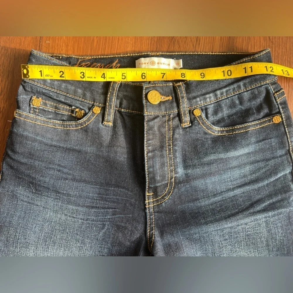 Tory Burch Sadie Straight Leg Crop Jeans Women’s 23 Dark Wash Stretch Denim